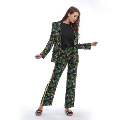 China Anti-Wrinkle Women's Ladies Lapel Sleeve Floral Two-Piece Notched Blazer Long And Elastic Waist Pant Set Suits For Women for sale