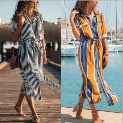 China Women's Striped Shirt Dress Anti-static Summer Beach Casual Maxi Long Vacation Long Sleeve Midi Line Shirt Dress Belted Mid Line Dress for sale