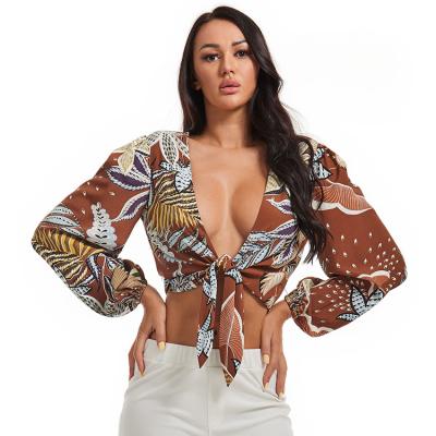 China Factory Custom OEM Summer Anti-pilling V Neck Casual Women Long Sleeve Printed Chiffon Blouses for sale