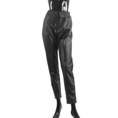 China Anti-wrinkle 2021 Spring Autumn Black Slim Maxi Faux Leather Fur PU Black Pants For Women for sale