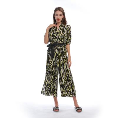 China Wholesale QUICK DRY Casual Zebra Print Waistband 3/4 Puff Sleeve Wide Leg Pants Loose Women Overalls for sale