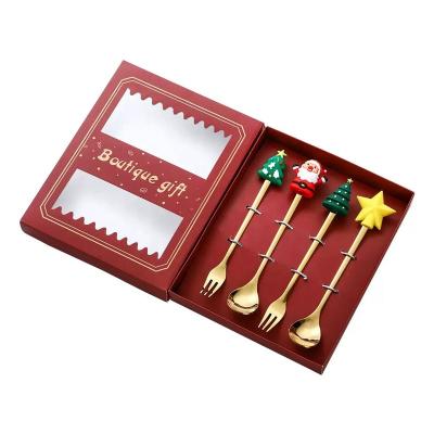 China Party Cupcake Decoration Christmas Stainless Steel Table Fruit Spork and Spoon 4 Pieces Set Box Kitchen Tableware Christmas Gift for sale