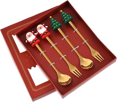 China Party Cupcake Decoration Newcomer Christmas Spoon Set Cute Cartoon Stainless Steel Fruit Fork Santa Claus Doll Spoon Fork Christmas Gift for sale