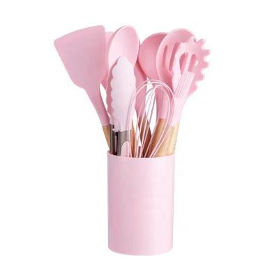 China Viable Holder Kitchenware Spatula Silicone Cookware Set With Wooden Handles Wholesale Kitchen Instruments Tools for sale