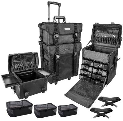 China Fashoion Makeup Artist Rolling Trolley Cosmetic Soft Case with Mesh Bags Free Set, Jet Black for sale