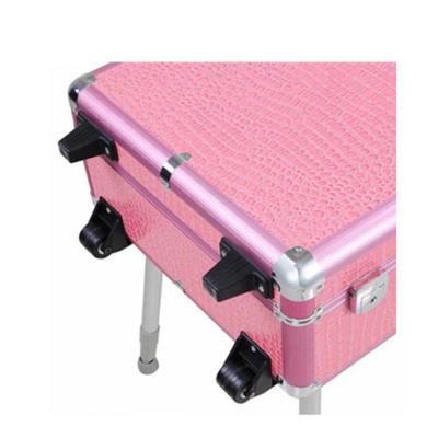 China Storage Or Display Make Up Case With Lights Rolling Studio Makeup Artist Cosmetic Case With Leg Mirror Pink Train Light Table for sale