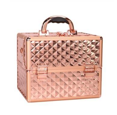 China Fashoion Professional Storage Rose Gold Makeup Artist Cosmetic Travel Carrier Train Case with Shoulder Strap for sale