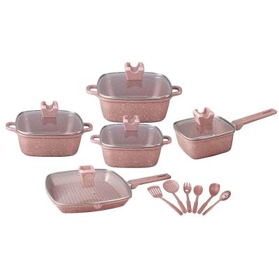 China Kitchen Household Stocked Pot Set Granite Square Marble Medical Stone Non-Stick Pot Set Unique Pot 16pcs for sale