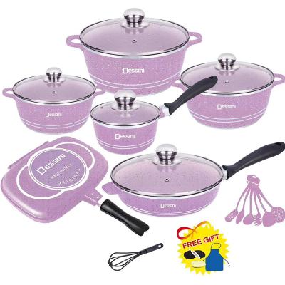 China New Sustainable Amazon Kitchen Cookware Household Pot Set Nonstick Aluminum Die-Casting Pot Marble Pot 23pcs for sale