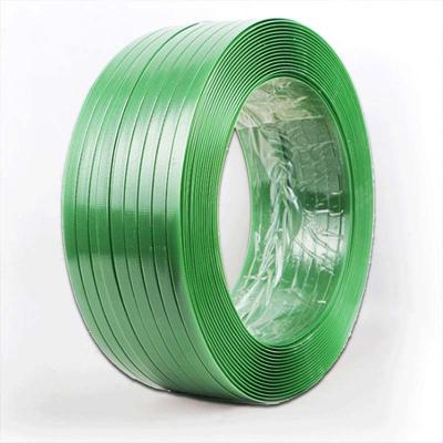 China Manual Racing 16mm High Tensile Strength Green Polyester Strapping Plastic Polyester Pet Strap for sale