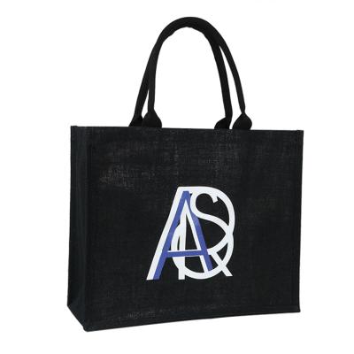 China Eco Friendly Customized LOGO Printed Reusable Black Jute Shopping Bag for sale