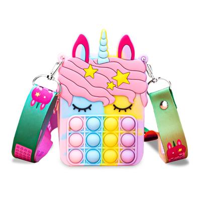 China Cartoon Mini Macaron Color Silicone Kids Doll Push Button Bubble Unicorn Pop Crossbody Bag Purse For Girls for sale