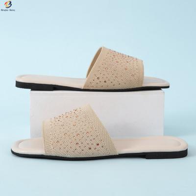 China CUSHIONING wholesale fly knitting with latest rhinestone toe slipper summer home slippers women flats open ladies slippers for sale