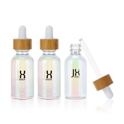 China 1 2 3 4 oz 60ml 90ml Skin Care Boston Glass Bottle Cosmetic Round Custom Essential Oil Serum Bamboo Dropper Bottle for sale