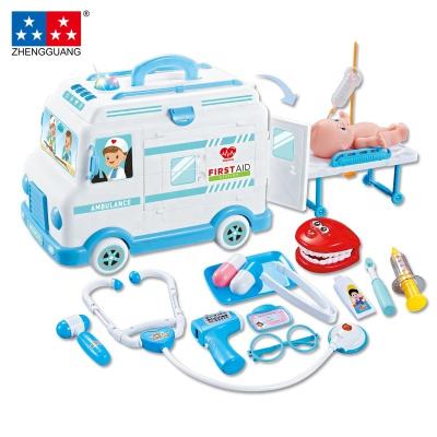 China Zhengguang Blue All-Direction Music Lights Ambulance Car Simulation Toy Doctor Medical Kit Toy Doctor Set Toys For Plastic Children for sale