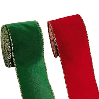 China NEW 2023 Red Green Velvet Craft Fabric Wrapping Ribbon Velvet Cable Edge Ribbon 2.5 Inch Christmas Velvet Ribbon For Bow for sale