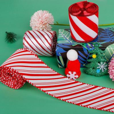 China Factory Direct Christmas Ribbon Christamas Home Decoration Red and White Striped Christmas Ribbon Jute Burlap Wire-Edge Decorative Bow for sale