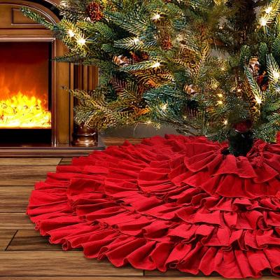 China Wholesale Red Burlap Christmas Tree Skirt Country Farmhouse Pleated Canvas Christmas Decorations Christmas Decorations Party Decorative Tree Skirt for sale