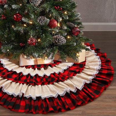 China Free Custom Christmas Decoration Plaid Burlap Lace Pleated 6 Story Farmhouse Autumn Decoration Buffalo Plaid Christmas Tree Skirt Decorative Rug for sale