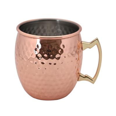 China Viable Ready To Ship Rose Gold Plating 500ml 304 Stainless Steel-Copper Handle Hammered Russian Moscow Mule Mugs for sale