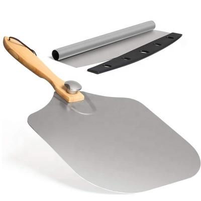 China 12*14 Inch Oven Square Pizza Peel Wooden Handle Aluminum Pizza Shovel With 14 Inch Stainless Steel Cutter Set for sale