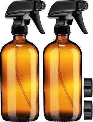 China Hot Selling Household Essentials 16oz 500ml Amber Glass Spray Bottle Oil Glass Refillable Bottle With Black Trigger Spray Top for sale