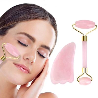 China Original Hot Natural Rose Quartz Pink Jade Roller Amazon Face Gua Sha Tool Kit For Face Massager for sale