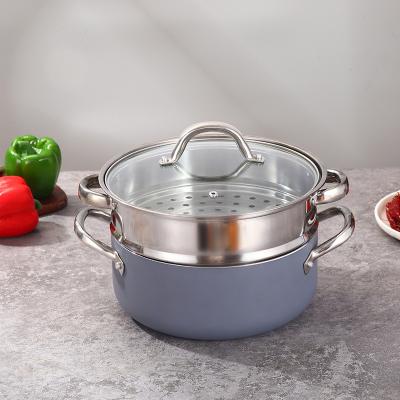 China Sustainable Cookware non stick casserole set aluminum covered kitchen soup pot seasoning pot with steamer for sale