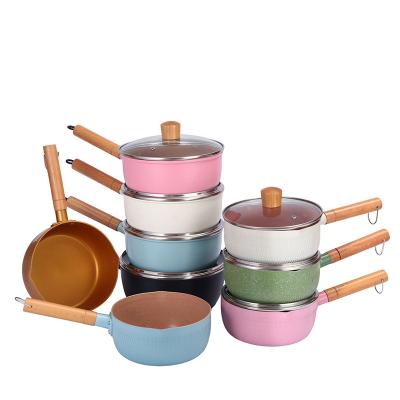 China Sustainable Simple kitchen, milk soup pot with wooden handle, non stick mini cooker for students for sale