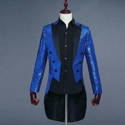 China Custom Made Man Fashionable Living Tuxedo Suit Anti-wrinkle Tailcoat Blue Sequin Theatrical Tailcoat for sale