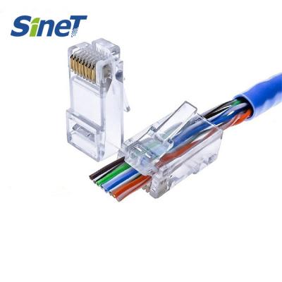 China Easy Pass Through 3 Prongs Gold Plated RJ45 8P8C UTP Cat5e Cat6 Cat6a Connector for sale