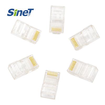 China 100pcs Customized Packing Per Bag Bottle 3 Prongs Gold Plated RJ45 8P8C UTP Cat5e Cat6 Cat6a Connector for sale