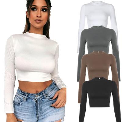 China Anti-pilling TS107 Sexy Women Short Lady Autumn Long Sleeve T-shirt Basic Elegant Black White Casual Female Shirts Crop Tops for sale