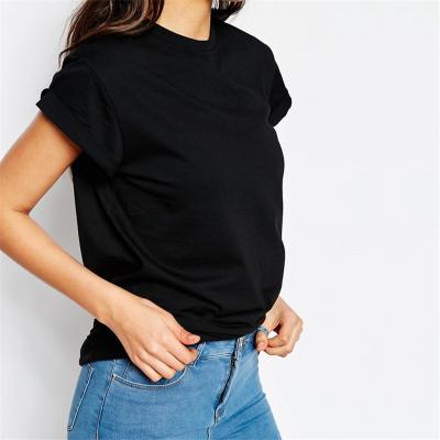 China Wholesale Anti-pilling T-shirts TS089 Women Blank Crew Neck Rolled Sleeve Black Oversized T-shirt for sale