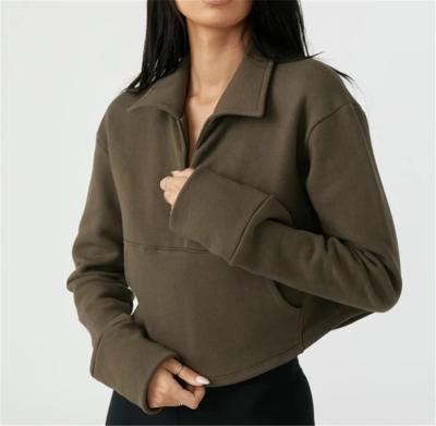 中国 HD097 Anti-Wrinkle Women's Cropped Pullover Sweatshirt with a Pocket-Extra Long Sleeves and a Collapsible Half-Zip Collar 販売のため