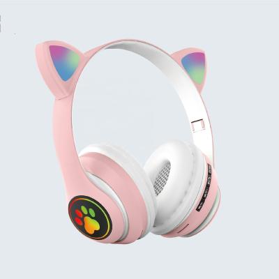 China 2021 Hot Selling Cute Pink Headband STN28 Big Lovely LED Cat Ear Headphones Wireless Battery For Kids Girls As Gift Wireless BT Headset for sale