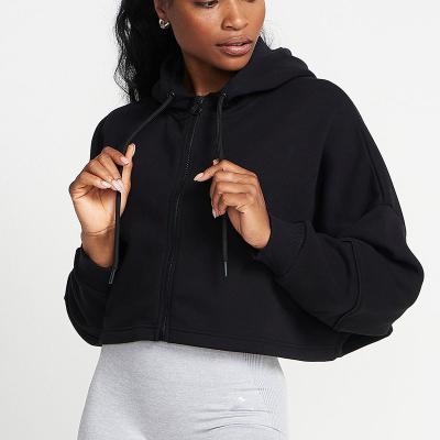 China Anti-Wrinkle Cotton Single Heavy Casual Zipper Cropped Drawstring Hoodie Woman for sale