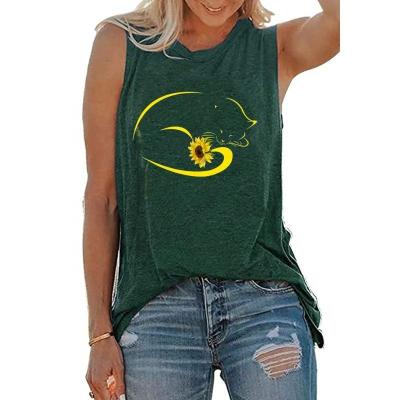 China Hot Sale Cat Sunflower Casual Anti-Wrinkle 3 Color Invest Top Ladies Dress T-Shirt Loose Cotton Graphic Stitches Long Printed Women Tank Top for sale