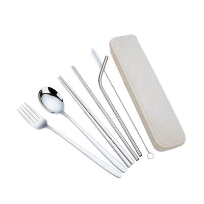 China Portable Straw Cutlery Set of 304 Stainless Steel Fork Spoon Chopsticks with Wheat Box for sale