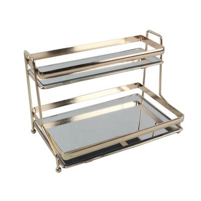 China Luxury Morden RTS Two Tiers Manufacturer Supply Jewelry Metal Bath Gold Mirror Tray Vanity Tray for sale