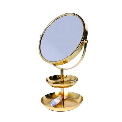 China Hot Selling Luxury Vintage Amazon Two Layer Gold Metal Mirror, Round Decorative Vanity Makeup Storage Contract Tray Make Up Mirror for sale