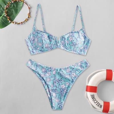 China Plus Size Women Underwire High Leg Bikini Set Floral V-Cable Two Piece Swimsuit for sale