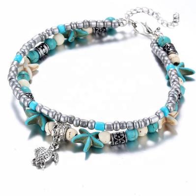 China 2021 TRENDY Bohemia Fashion Sets Western Jewelry Turquoise Beads Star Charms Summer Beach Foot Pendant Bracelets For Leg Turtle Anklet for sale