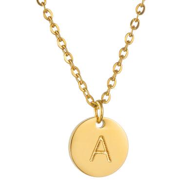 China Wholesale A-Z Alphabet Gold Name Stainless Steel Necklace Pendant TRENDY Custom Round Letter Disc Dish Coin Necklace for sale