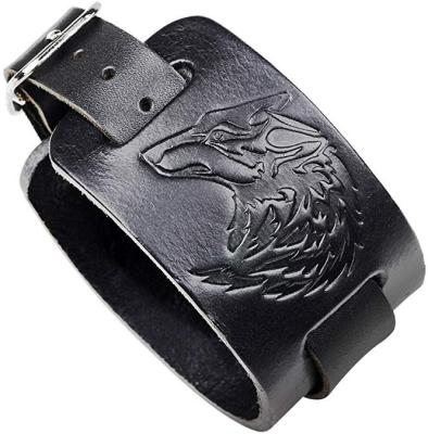 China Custom Size/Size/Logo Pattern Good Quality Genuine Cowhide Buckle Bracelet Leather Men Slap Wolf Leather Bracelets for sale