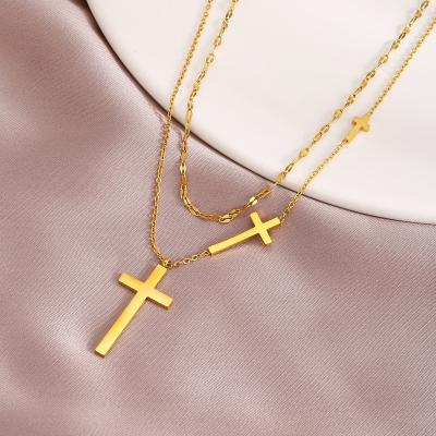 China Trendy Fashion 2024 Style Modern Custom Made High Quality Titanium Steel OEM ODM Fine Cross 2 Layers Chain Necklace For Women for sale