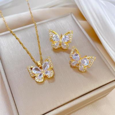 China CLASSIC Custom Steel Light Butterfly CLASSIC Titanium Zircon Inset Personality Banquet Personality Banquet Necklace Earrings Set for sale