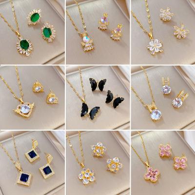 China Elegance Premium CLASSIC Luxury Gold Plated Stainless Steel Earrings Set Jewelry Green Zircon Gemstone Pendant Necklace For Women for sale