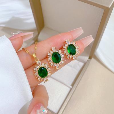 China Elegance Premium CLASSIC Luxury Gold Plated Stainless Steel Earrings Set Jewelry Green Zircon Gemstone Pendant Necklace For Women for sale