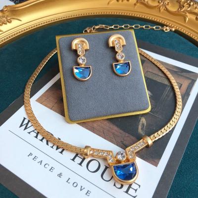 China JIU OEM ODM Jewelry CLASSIC Romantic Blue Gemstone With Real Gold Plated Earrings Ear Clip Necklace Set for sale